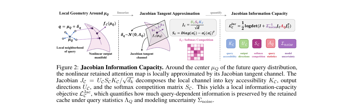 Figure 2 (paper Fig.2): Local linearization separates key accessibility, output directions, softmax competition, query statistics, and uncertainty.